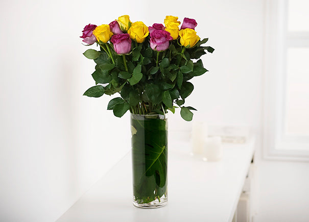 Mixed Yellow and Mauve Purple Roses Gift Box with Vase (ROA207)
