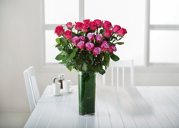 Mixed Bright Pink and Mauve Purple Roses Gift Box with Vase (ROA202)