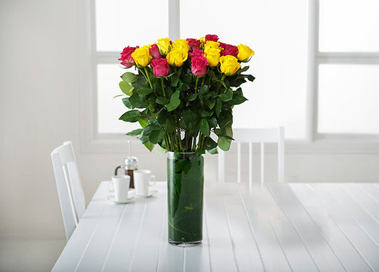 Mixed Bright Pink and Yellow Roses Gift Box with Vase (ROA201)