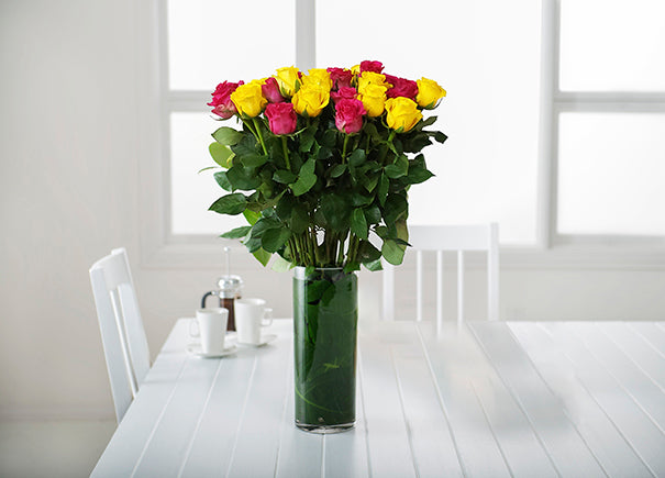 Mixed Bright Pink and Yellow Roses Gift Box with Vase (ROA201)