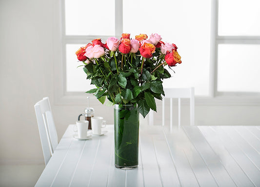 Mixed Light Pink and Cherry Brandy Orange Roses Gift Box with Vase (ROA206)