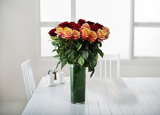 Mixed Red and Cherry Brandy Orange Roses Gift Box with Vase (ROA199)