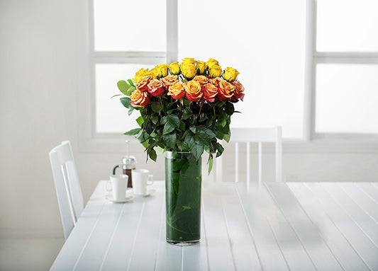 Mixed Yellow and Cherry Brandy Orange Roses Gift Box with Vase (ROA208)