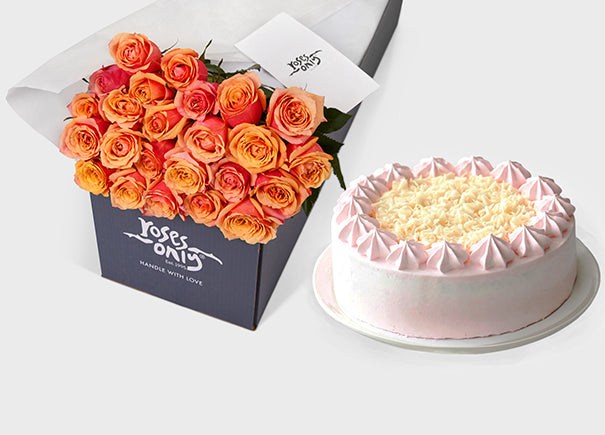 Cherry Brandy Rose Gift Box 24 & Melvados Strawberry Cake (ROA115-024)