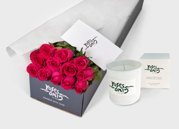 Bright Pink Roses Gift Box 12 & Scented Candle (ROA39-012)