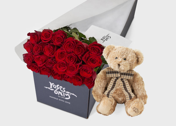 24 Red Roses Gift Box Teddy Bear Roses Only SG – Roses Only