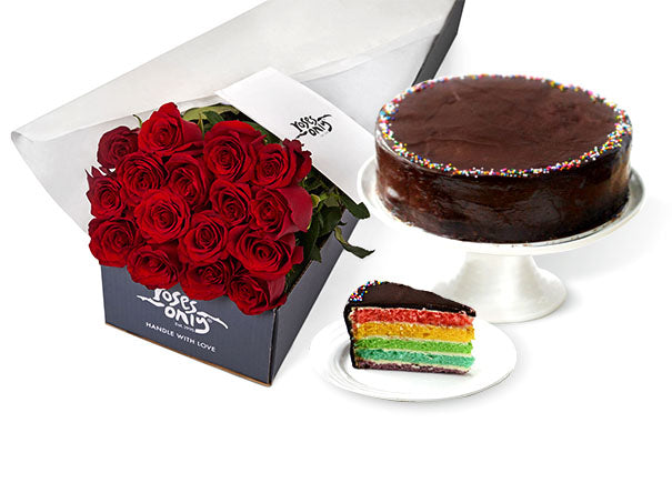 Red Rose Gift Box 24 & Melvados Chocolate Rainbow Frozen Cake 1.3Kg (ROA171-024)