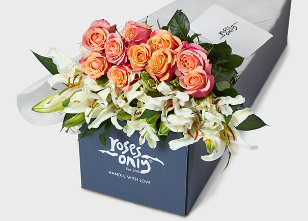 Cherry Brandy Roses With White Lilies Gift Box (ROA75)