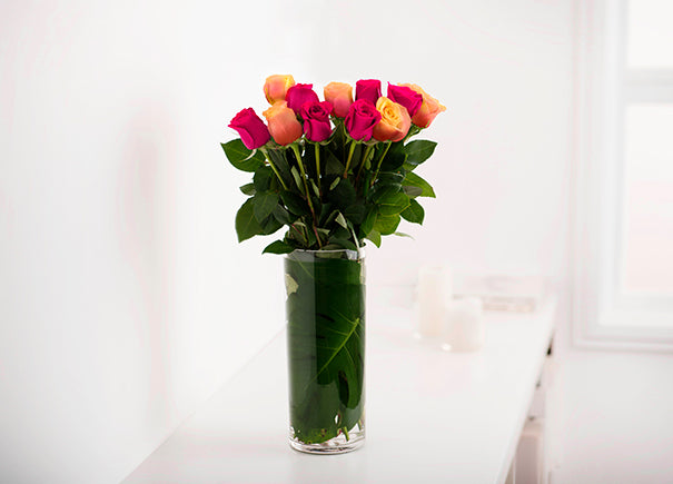 Mixed Bright Pink and Cherry Brandy Orange Roses Gift Box with Vase (ROA203)