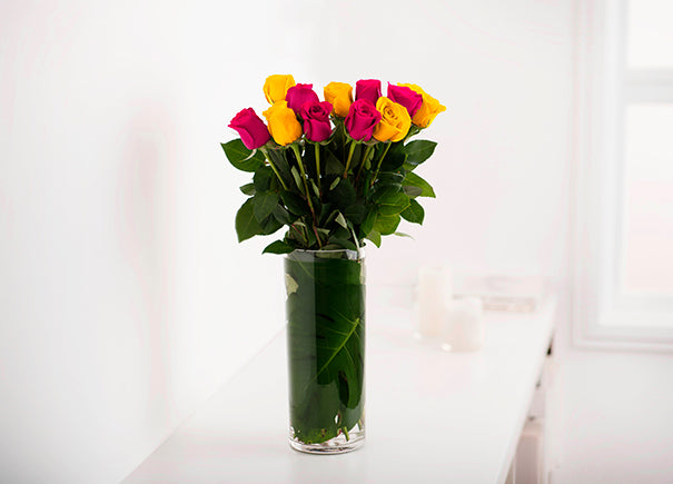 Mixed Bright Pink and Yellow Roses Gift Box with Vase (ROA201)