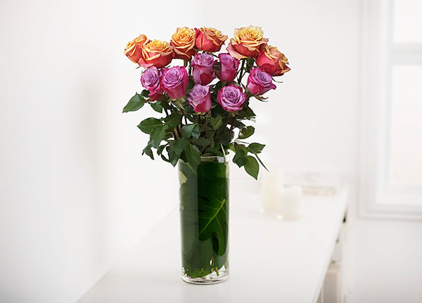 Mixed Mauve Purple and Cherry Brandy Orange Roses Gift Box with Vase (ROA209)