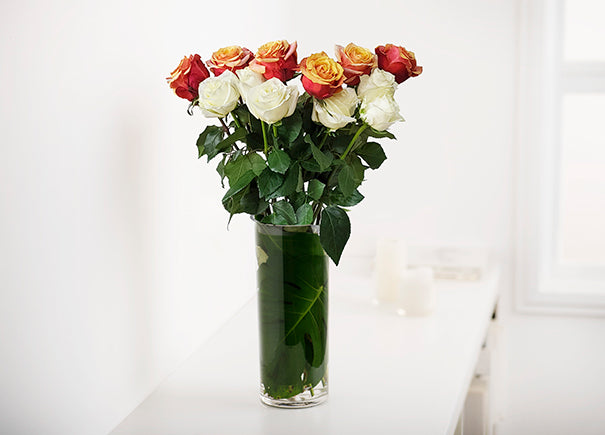 Mixed White and Cherry Brandy Orange Roses Gift Box with Vase (ROA194)