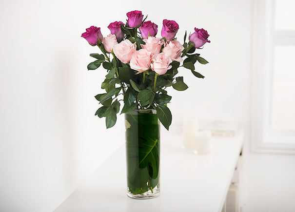 Mixed Light Pink and Mauve Purple Roses Gift Box with Vase (ROA205)