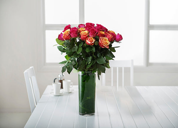 Mixed Bright Pink and Cherry Brandy Orange Roses Gift Box with Vase (ROA203)