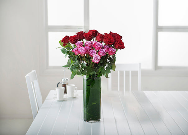 Mixed Red and Mauve Purple Roses Gift Box with Vase (ROA198)