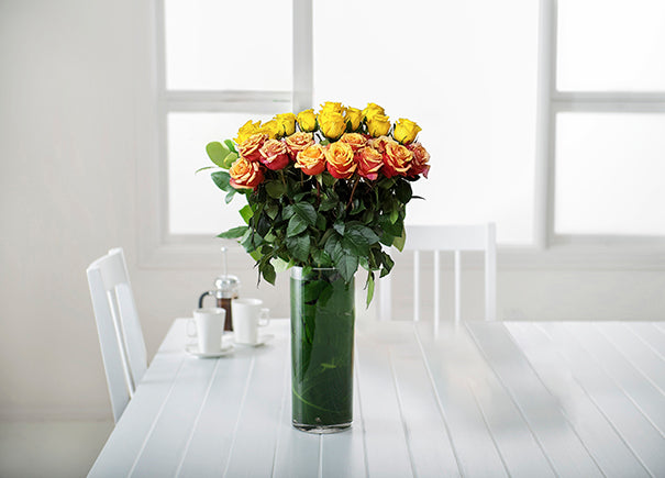 Mixed Yellow and Cherry Brandy Orange Roses Gift Box with Vase (ROA208)