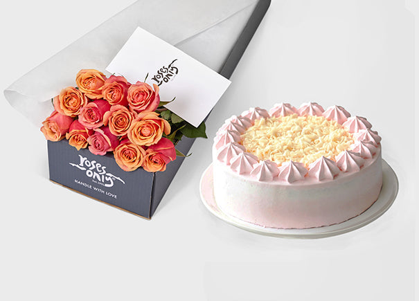 Cherry Brandy Rose Gift Box 12 & Melvados Strawberry Cake (ROA115-012)