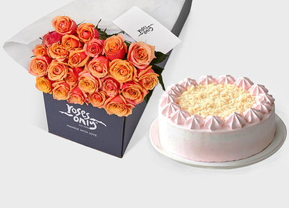 Cherry Brandy Rose Gift Box 24 & Melvados Strawberry Cake (ROA115-024)