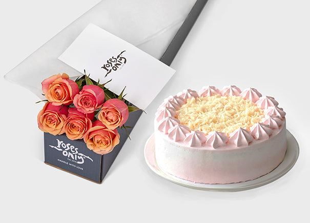 Cherry Brandy Rose Gift Box 6 & Melvados Strawberry Cake (ROA115-006)