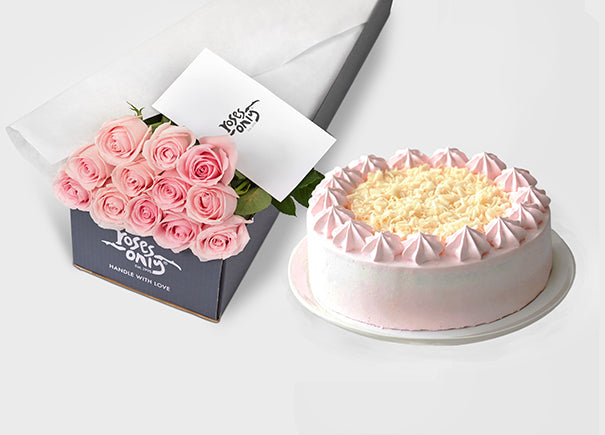 Pink Rose Gift Box 12 & Melvados Strawberry Cake (ROA114-012)
