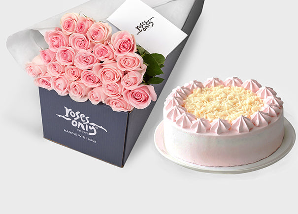 Pink Rose Gift Box 24 & Melvados Strawberry Cake (ROA114-024)