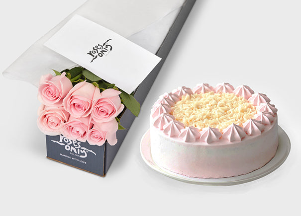Pink Rose Gift Box 6 & Melvados Strawberry Cake (ROA114-006)