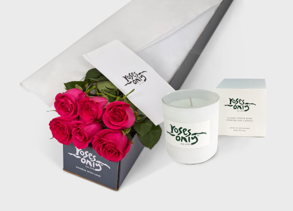 Bright Pink Roses Gift Box 6 & Scented Candle (ROA39-006)