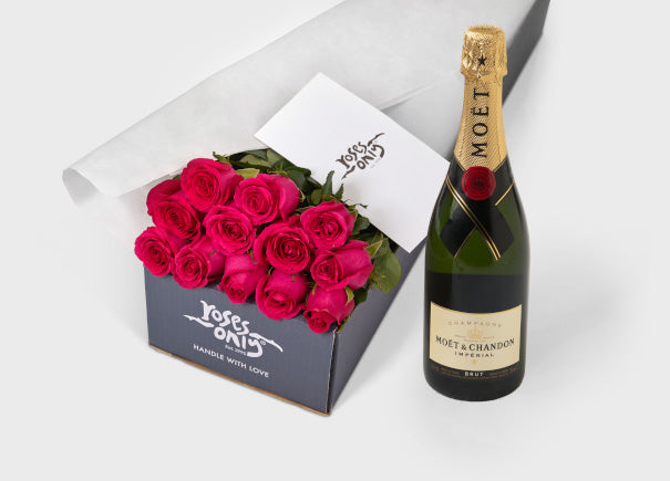 Bright Pink Roses Gift Box & Moet & Chandon Imperial Brut Champagne (ROA43)