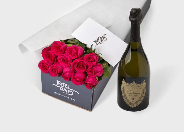Bright Pink Roses Gift Box & DOM Perignon Vintage Champagne (ROA49)