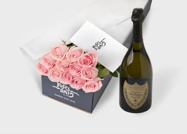 Light Pink Roses Gift Box & DOM Perignon Vintage Champagne (ROA22)