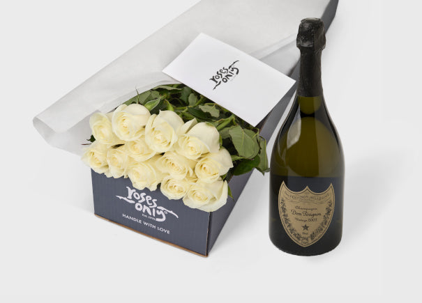 White Roses Gift Box & DOM Perignon Vintage Champagne (ROA51)