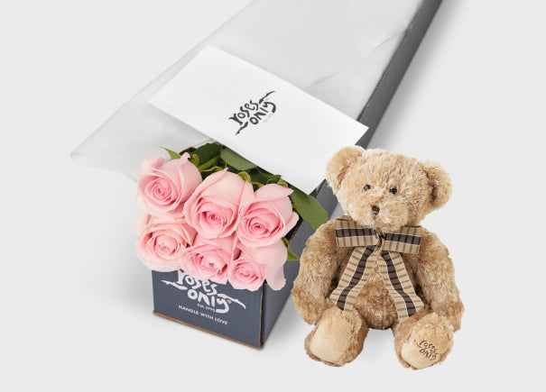 Pink Roses Gift Box 6 & Teddy Bear (ROA27-006)