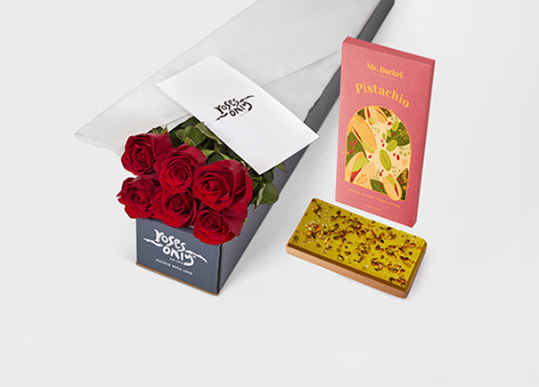 Red Roses with Mr Bucket Pistachio Chocolate Bar (ROA323)