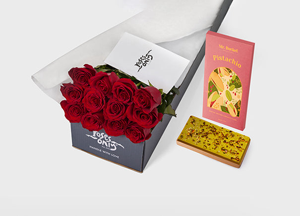 Red Roses with Mr Bucket Pistachio Chocolate Bar (ROA323)