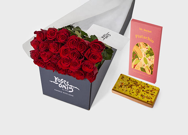 Red Roses with Mr Bucket Pistachio Chocolate Bar (ROA323)