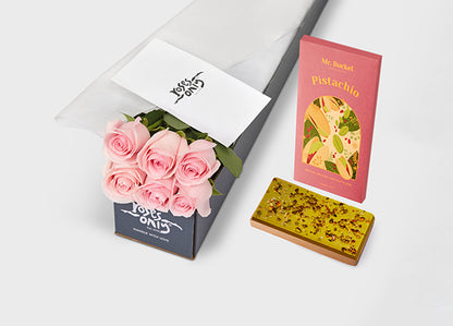 Light Pink Roses with Mr Bucket Pistachio Chocolate Bar (ROA324)