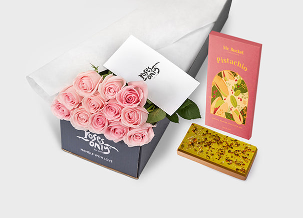 Light Pink Roses with Mr Bucket Pistachio Chocolate Bar (ROA324)