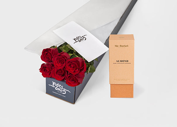 Red Roses with Mr Bucket Almond Dark Chocolate Dragee (ROA325)