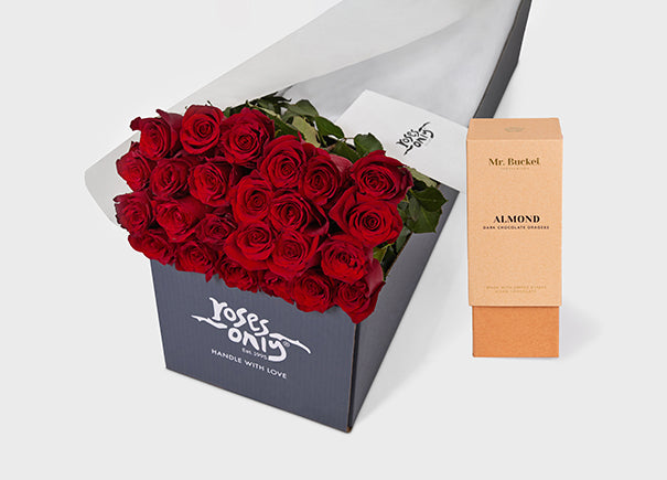 Red Roses with Mr Bucket Almond Dark Chocolate Dragee (ROA325)