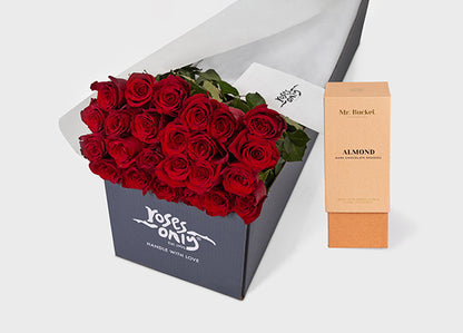 Red Roses with Mr Bucket Almond Dark Chocolate Dragee (ROA325)