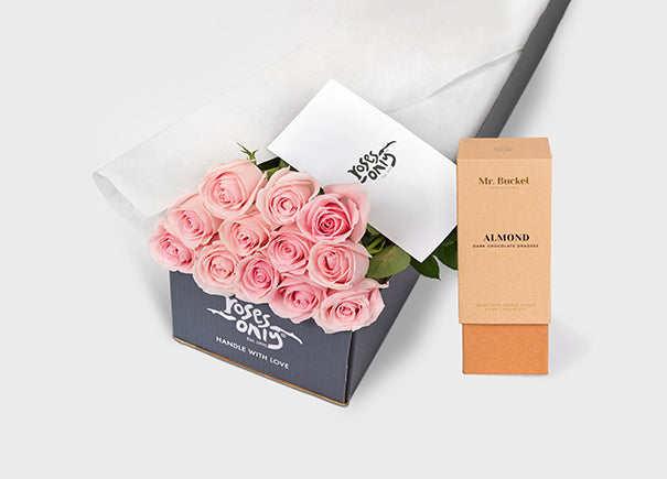 Light Pink Roses with Mr Bucket Almond Dark Chocolate Dragee (ROA326)