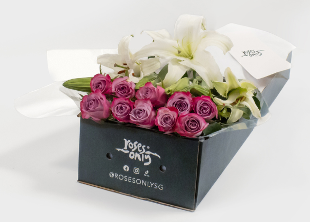 Mauve Purple Roses With White Lilies Gift Box (ROA74)