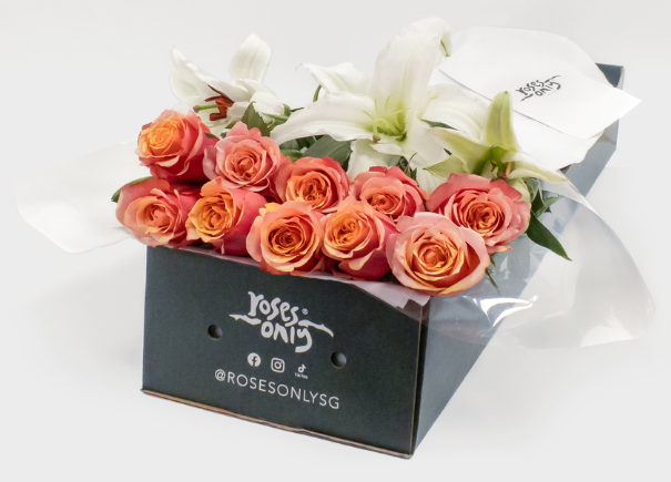 Cherry Brandy Roses With White Lilies Gift Box (ROA75)