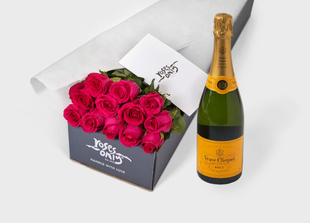 Bright Pink Roses Gift Box & Veuve Clicquot Ponsardin Brut Champagne (ROA46)