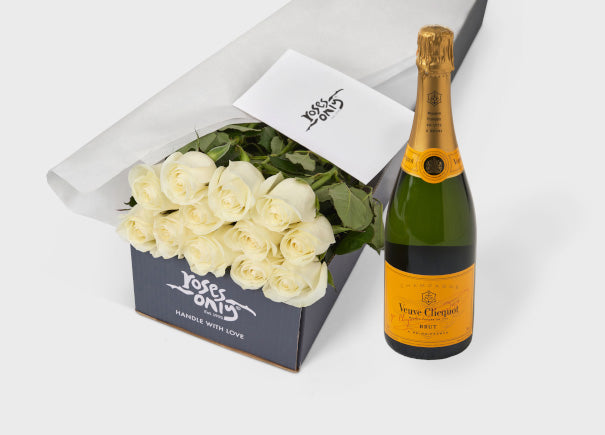 White Roses Gift Box & Veuve Clicquot Ponsardin Brut Champagne (ROA48)