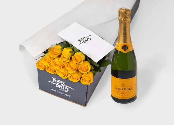 Yellow Roses Gift Box & Veuve Clicquot Ponsardin Brut Champagne (ROA47)
