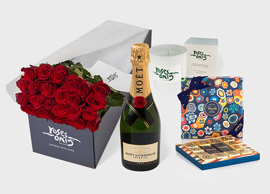 Valentine's Day Red Roses with Candle, Moet and Chandon and chocolates (VFROA167)