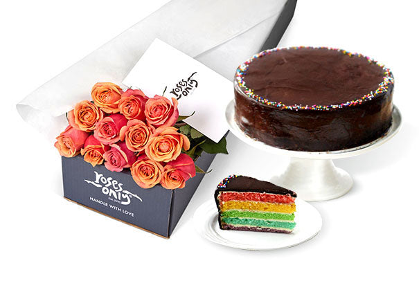 Cherry Brandy Rose Gift Box 12 & Melvados Chocolate Rainbow Frozen Cake 1.3Kg (ROA173-012)