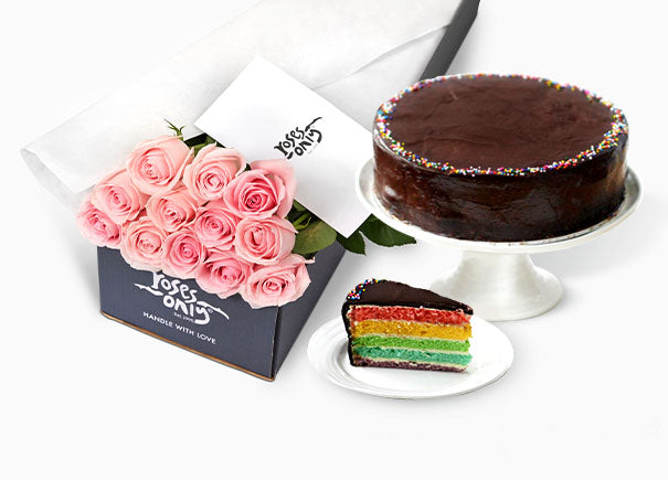 Pink Rose Gift Box 12 & Melvados Chocolate Rainbow Frozen Cake 1.3Kg (ROA172-012)