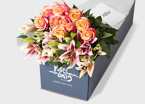 Cherry Brandy Roses With Pink Lilies Gift Box (ROA123)